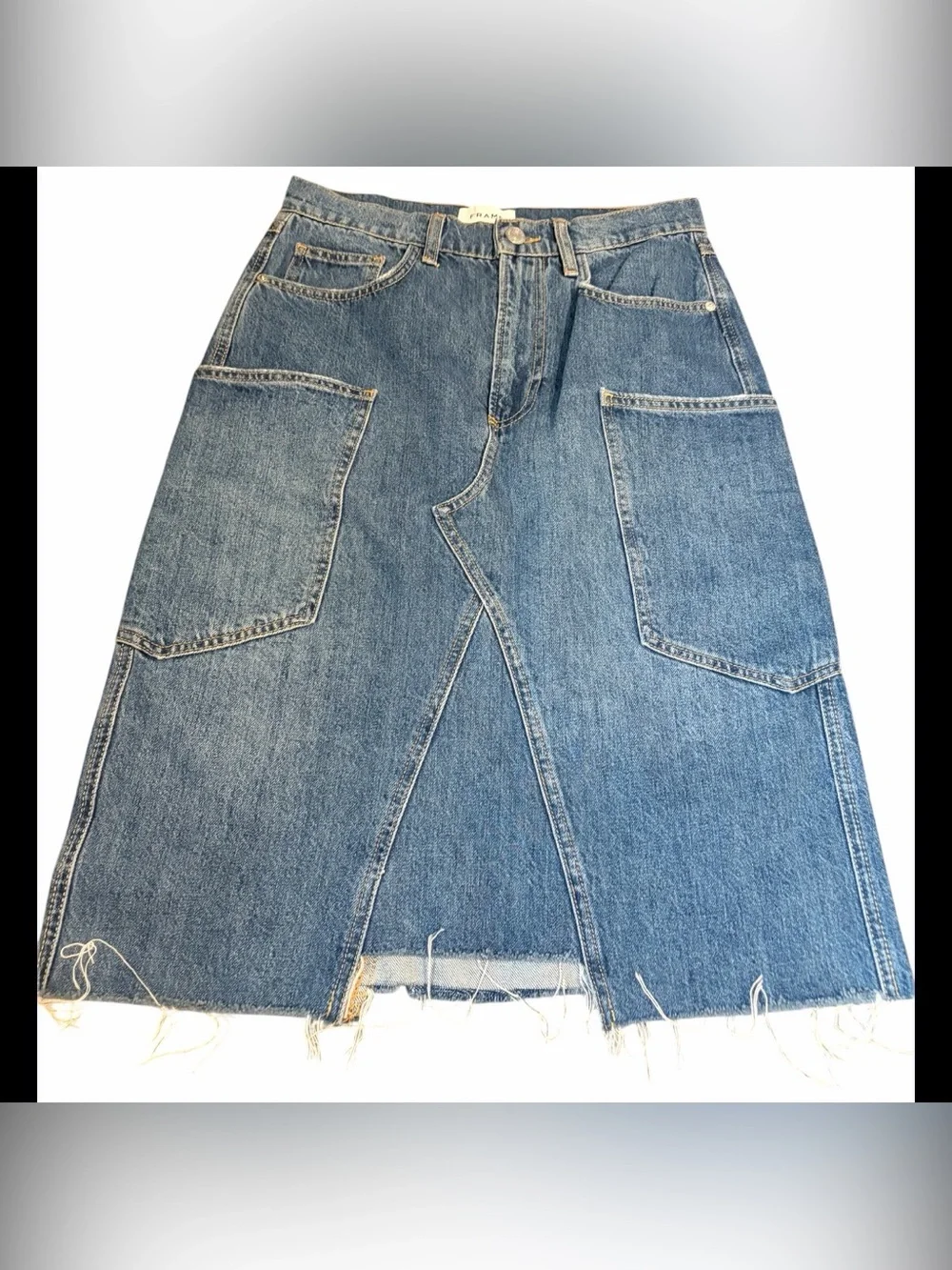 FRAME Denim Midi Skirt Blue Cloud Size 27 Rodeo Minimalist Luxury